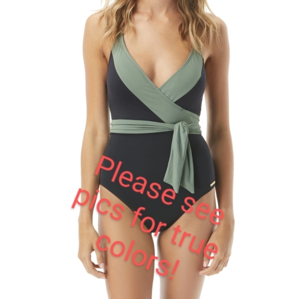 Vince Camuto Color Block Wrap Tie One Piece Swimsuit
